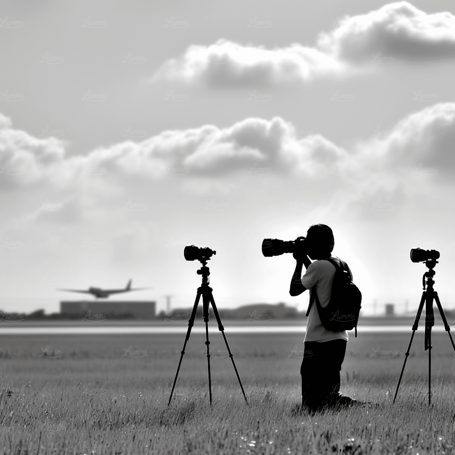 Two cameras on tripods silhouetted against a heavy sky, with a photographer waiting beside them