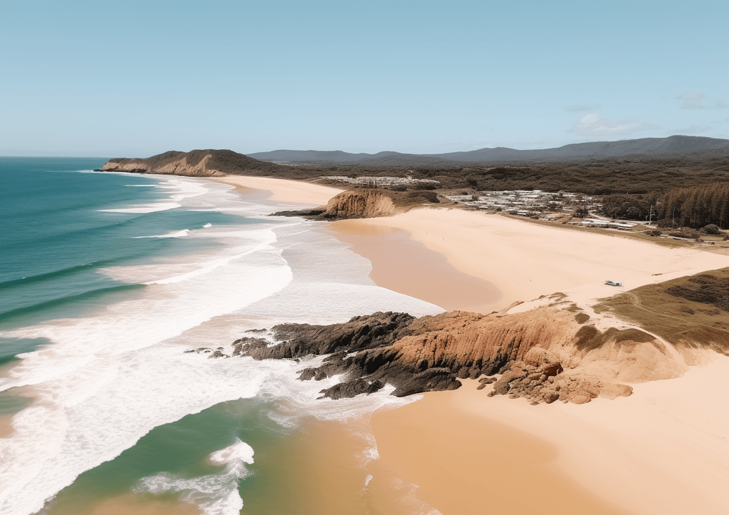 Aerial view of a shoreline where turquoise water meets pale sand and dark rock